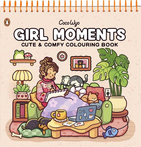 „Girl Moments: Cute & Comfy Colouring Book“ steht oben. Eine Illustration zeigt ein Mädchen mit Tieren auf einem Sofa.