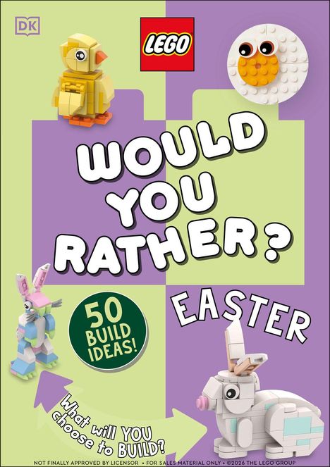 Text: "Would you rather?", "50 build ideas!", "Easter", "What will you choose to build?". LEGO-Kreationen von Tieren auf buntem Hintergrund.