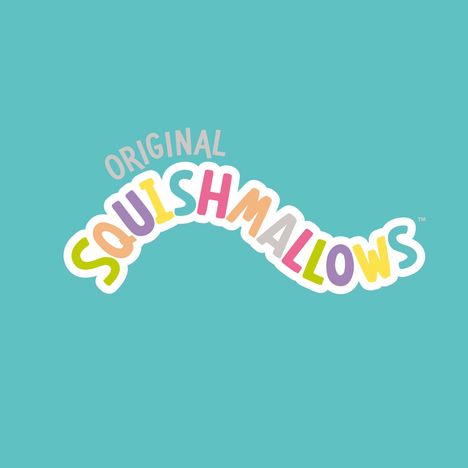 Logo mit dem Text "ORIGINAL SQUISHMALLOWS" in bunten Buchstaben auf hellblauem Hintergrund.
