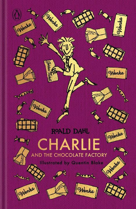 "Roald Dahl, Charlie and the Chocolate Factory, illustrated by Quentin Blake. Illustration eines fröhlichen Jungen mit Süßigkeiten."
