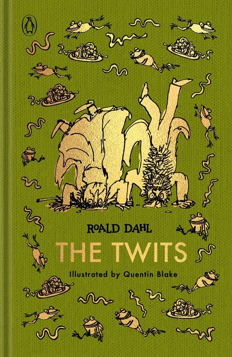 „THE TWITS“ von Roald Dahl, illustriert von Quentin Blake. Zwei Figuren stehen kopfüber, umgeben von Fröschen und Würmern.