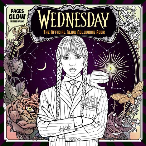 „Wednesday - The Official Glow Colouring Book“ oben, „Pages Glow in the Dark!“ links. 

Eine Illustration zeigt eine ernste Person mit Zöpfen, umgeben von Blumen, einem Nachtfalter und Sternzeichen. Balkon.