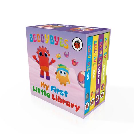 "BeddyByes", "My First Little Library". Pastellfarbene Buchbox mit bunten Figuren und vier kleinen Büchern.