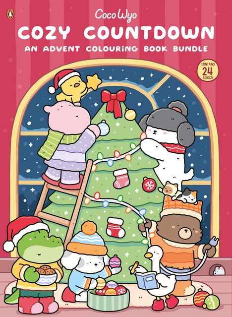 Text: "Coco Wyo Cozy Countdown An Advent Colouring Book Bundle Contains 24 Books." Illustration von Tieren, die einen Weihnachtsbaum schmücken.