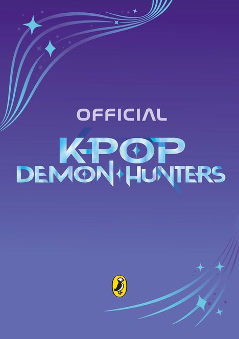 "OFFICIAL K-POP DEMON HUNTERS" in blauen Buchstaben auf violettem Hintergrund mit Sternmustern und einem kleinen Vogel-Logo.