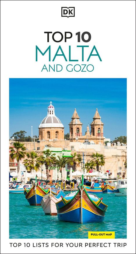 "Top 10 Malta and Gozo" in großen Buchstaben, darunter bunt bemalte Fischerboote vor einer Kirche mit zwei Türmen.