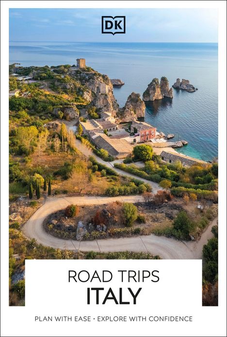"ROAD TRIPS ITALY. PLAN WITH EASE • EXPLORE WITH CONFIDENCE." Logo oben. Küstenlandschaft mit Häusern und Klippen.
