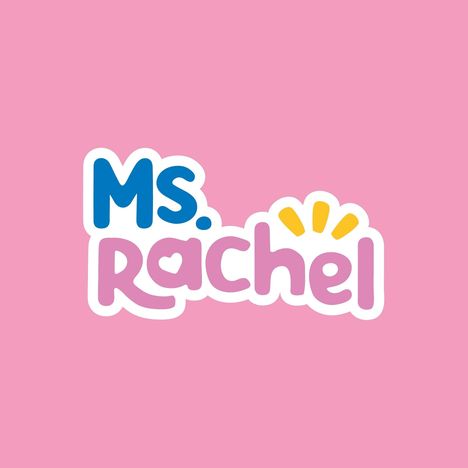 Text "Ms. Rachel" in bunten Buchstaben auf rosa Hintergrund. Verspieltes Design mit gelben Strahlen.