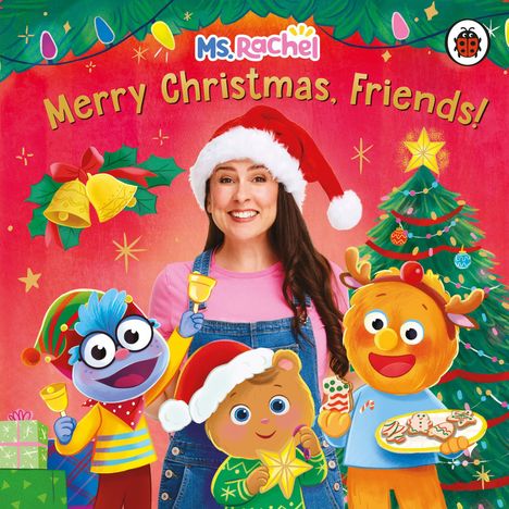 "Merry Christmas, Friends!" steht in festlicher Schrift. Eine Frau und bunte Figuren, alle mit Weihnachtsmotiven und fröhlich.