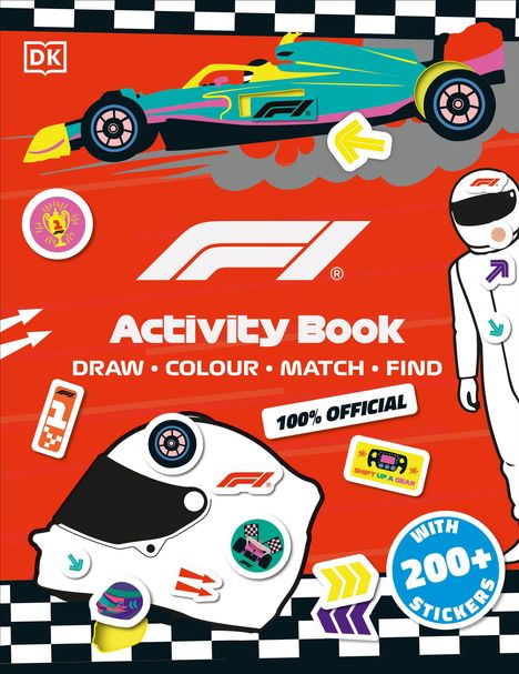 "Activity Book. Draw, Colour, Match, Find. 100% Official. With 200+ Stickers. Illustration eines Rennwagens und Helms."