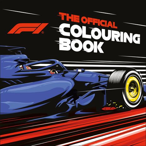 „The Official Colouring Book“ in großen Buchstaben. Illustration eines blauen Rennwagens mit gelbem Reifen.