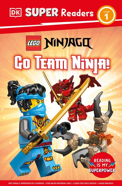 "Go Team Ninja!" und "Reading is my superpower" in roten, dynamischen Buchstaben. LEGO-Ninjas in Aktion.