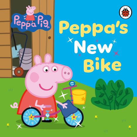 Text: "Peppa's New Bike". Illustration: Ein fröhliches Schweinchen mit rotem Kleid und ein blaues Fahrrad, umgeben von Gras.
