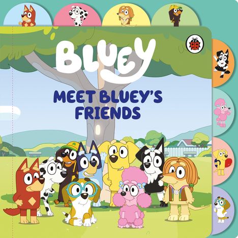"Meet Bluey's Friends": Illustration von fröhlichen Hunden unter einem Baum, umgeben von bunter Natur.