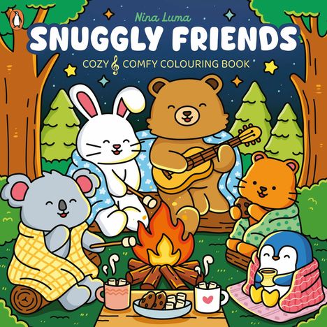 "Snuggly Friends: Cozy & Comfy Colouring Book." Eine Illustration von Tieren am Lagerfeuer, ein Bär spielt Gitarre.