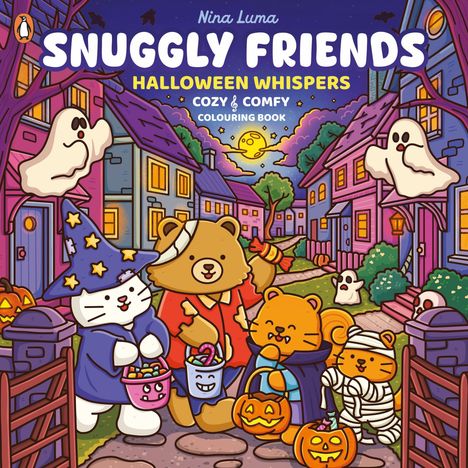 „Snuggly Friends: Halloween Whispers, Cozy & Comfy Colouring Book“. Illustration mit verkleideten Tieren an Halloween.