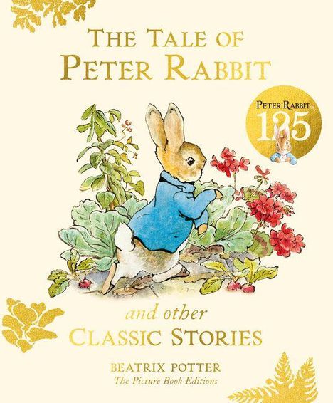 „The Tale of Peter Rabbit and other Classic Stories“ steht über einer Illustration eines Kaninchens in einer blauen Jacke.