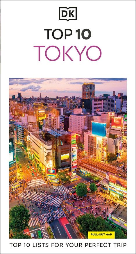Oben steht "TOP 10 TOKYO". Darunter eine bunte Stadtansicht mit belebten Straßen und hohen Gebäuden.