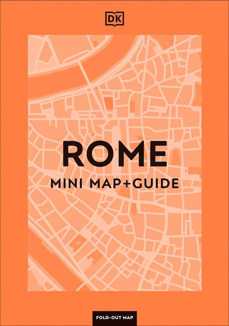 "ROME MINI MAP+GUIDE" und "FOLD-OUT MAP" auf orangefarbenem Hintergrund mit Stadtplan-Muster und einem Logo oben.