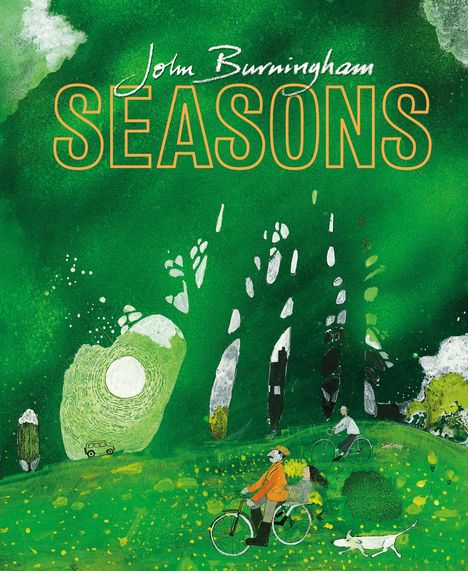 SEASONS in weißer Schrift auf grünem Hintergrund, darunter in Handschrift "John Burningham", kleines Pinguin-Logo unten.