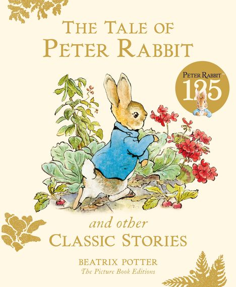 „The Tale of Peter Rabbit and other Classic Stories“ von Beatrix Potter. Illustration eines Hasen in blauem Mantel.
