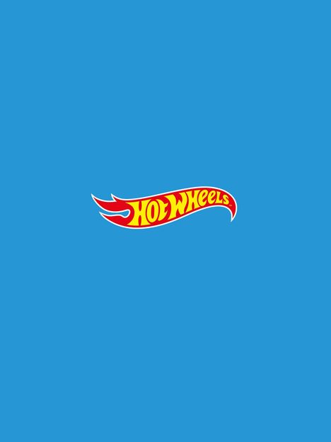 „HOT WHEELS“ in gelber Schrift auf rotem, flammenförmigem Hintergrund. Blauer Hintergrund.