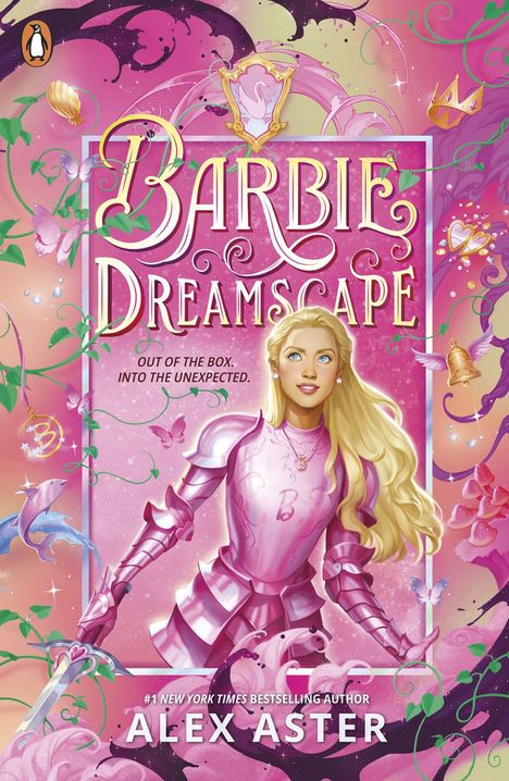 Text: "Barbie Dreamscape. Out of the box, into the unexpected. Alex Aster." 
Illustration: Barbie in pinker Rüstung mit Schwert.