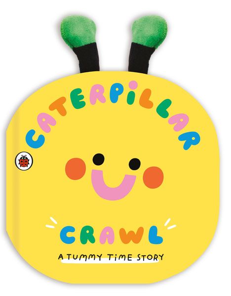 Text: "Caterpillar Crawl: A Tummy Time Story." Illustration eines freundlichen gelben Gesichts mit grünen Fühlern.