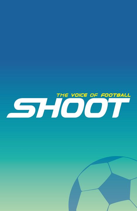 Text: "THE VOICE OF FOOTBALL SHOOT". Logo mit blauem Hintergrund und Fußball in der Ecke unten rechts.
