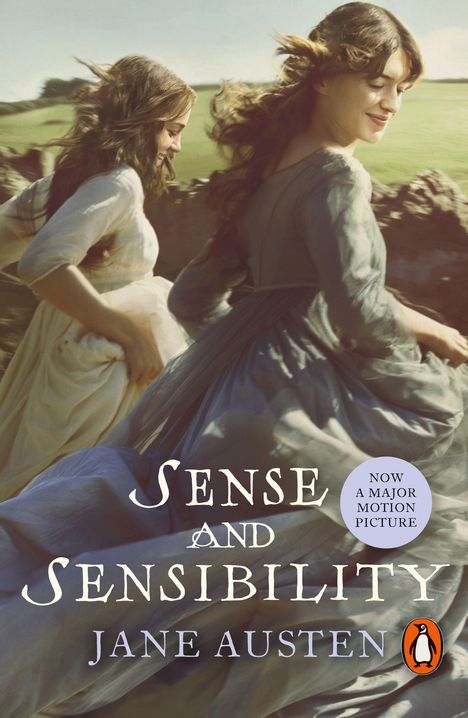 Text: "Sense and Sensibility", "Jane Austen", "Now a Major Motion Picture". Zwei Frauen laufen lächelnd über eine Wiese.