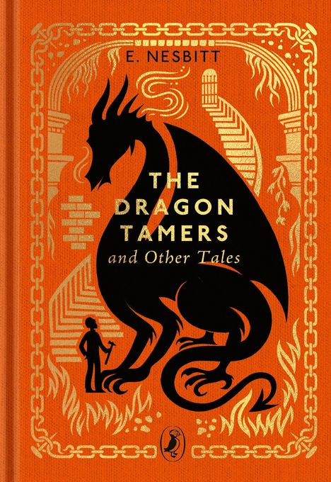 „THE DRAGON TAMERS and Other Tales“ von E. Nesbit. Schwarzer Drache mit Mensch, verziert mit goldenen Mustern.