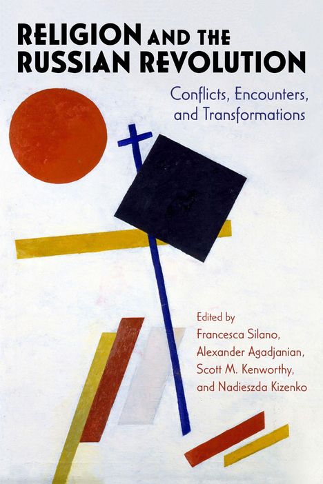 Zitat: "RELIGION AND THE RUSSIAN REVOLUTION". Rote, gelbe und blaue geometrische Formen auf weißem Hintergrund.