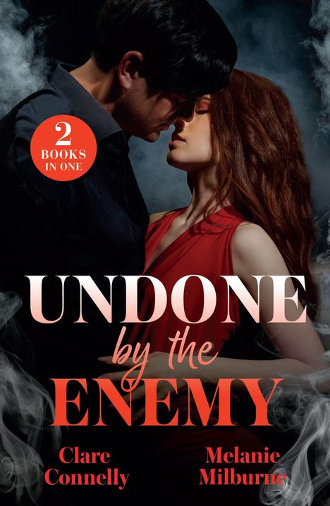 „2 Books in One“ und „Undone by the Enemy“. Ein Paar in inniger Umarmung mit rauchigem Hintergrund.
