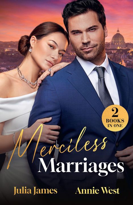 „Merciless Marriages“ und „2 Books in One.“ Zwei Personen, elegant gekleidet, vor einer malerischen Stadtkulisse bei Sonnenuntergang.