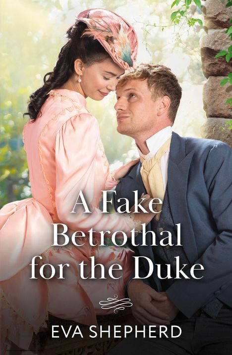 Ein Paar in historischer Kleidung, sie in Rosa, er in Blau. Titel: "A Fake Betrothal for the Duke" von Eva Shepherd.