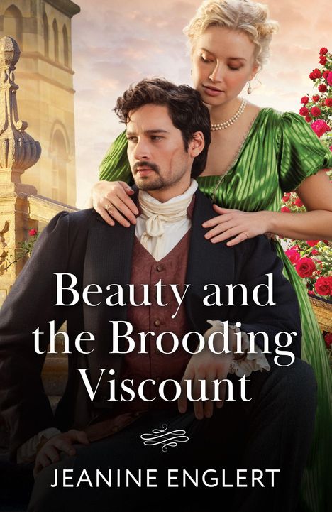Text: „Beauty and the Brooding Viscount“ und „Jeanine Englert“. Ein Mann und eine Frau in historischer Kleidung.