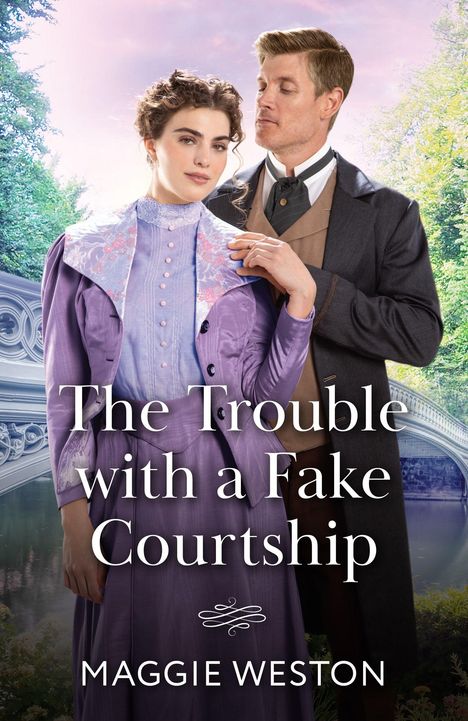 "The Trouble with a Fake Courtship" von Maggie Weston. Eine Frau im lila Kleid und ein Mann in Anzug stehen zusammen.