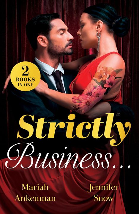 "Strictly Business..." oben, "2 Books in One" im gelben Kreis. Ein Mann und eine Frau in inniger Umarmung, sie tragen elegante Kleidung.