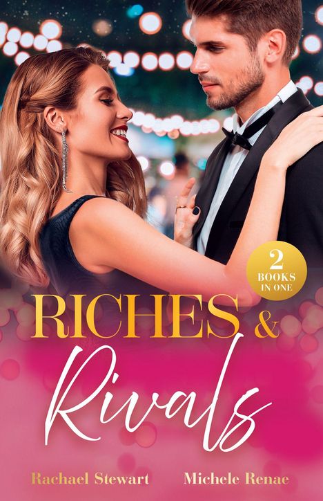 "Riches & Rivals" in gold und weißer Schrift. Zwei elegant gekleidete Personen tanzen nah beieinander unter Lichterketten.