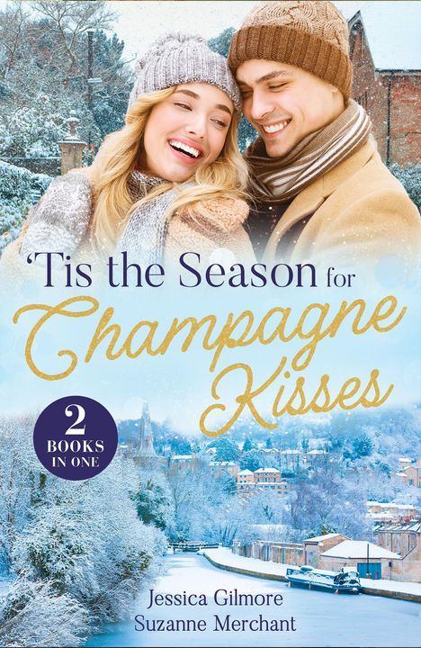 'Tis the Season for Champagne Kisses. Zwei Bücher in einem. Winterliches Paar lächelt vor einer verschneiten Stadtlandschaft.
