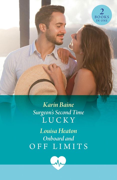 Zwei Bücher in einem: "Surgeon's Second Time Lucky" von Karin Baine und "Onboard and Off Limits" von Louisa Heaton. Paar am Strand.