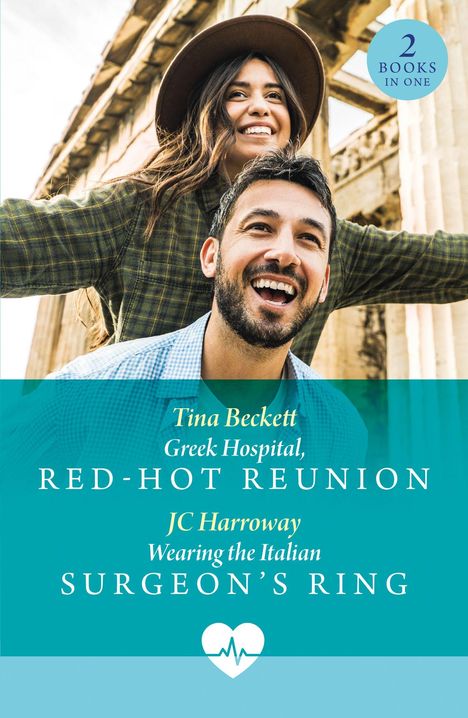 Zwei Bücher in einem: "Greek Hospital, Red-Hot Reunion" von Tina Beckett und "Wearing the Italian Surgeon’s Ring" von JC Harroway.