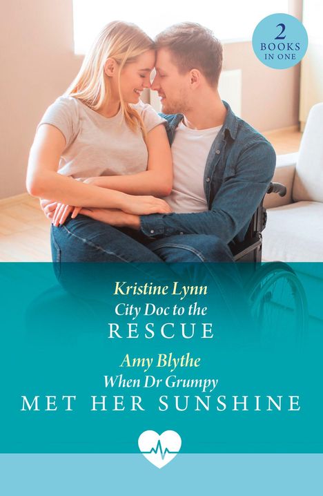 Zwei Buchtitel: "City Doc to the Rescue" von Kristine Lynn, "When Dr Grumpy Met Her Sunshine" von Amy Blythe; Paar umarmt sich.