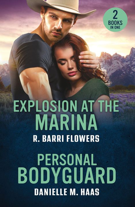 "Explosion at the Marina" von R. Barri Flowers, "Personal Bodyguard" von Danielle M. Haas. Mann und Frau vor Bergkulisse.