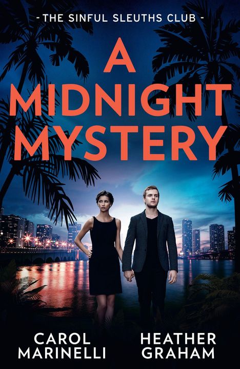 „THE SINFUL SLEUTHS CLUB - A MIDNIGHT MYSTERY“ in großen Buchstaben. Zwei Menschen vor einer nächtlichen Skyline.