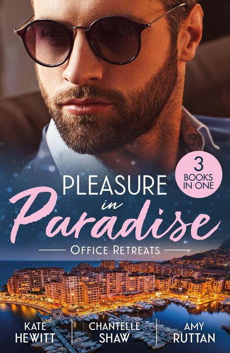 „Pleasure in Paradise: Office Retreats“, „3 Books in One“. Ein bärtiger Mann mit Sonnenbrille, darunter eine leuchtende Küstenstadt.