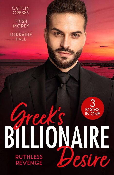 Text: „Greek's Billionaire Desire“, „Ruthless Revenge“. Mann im Anzug vor pinkem Sonnenuntergang.