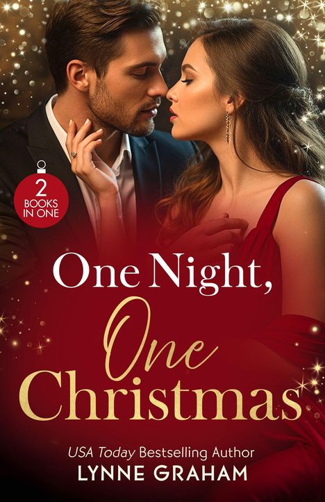 "One Night, One Christmas" in goldener Schrift, romantisches Paar in festlichem Ambiente, funkelnde Lichter im Hintergrund.