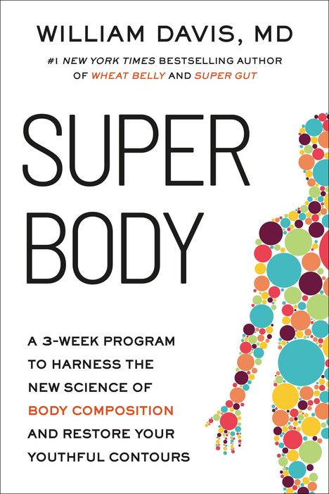 "SUPER BODY" von William Davis, MD. Ein 3-Wochen-Programm zur Nutzung der neuen Wissenschaft der Körperzusammensetzung. Bunte Punkt-Silhouette rechts.