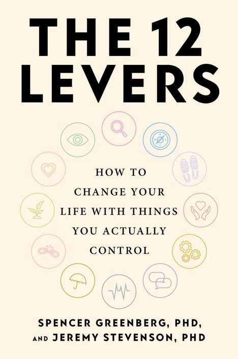 "THE 12 LEVERS" ist in großen Buchstaben oben. Darunter steht: "How to change your life with things you actually control." Diverse Symbole umrahmen den Text.